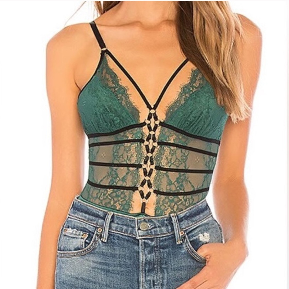 Thistle and Spire Teal and Black Lace Bodysuit SIZE SMALL